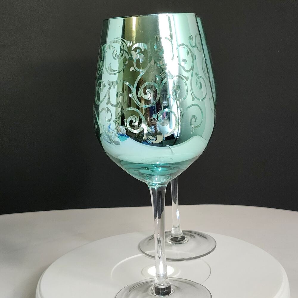 Artland Wine Glasses 2 Brocade Blue/Metallic Platinum Finish 10" Y2K - Picture 2 of 7